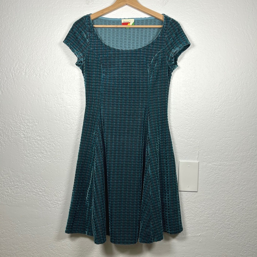 VTG Fervour Teal Blue Velvet Mini Dress Textured Skater Size S